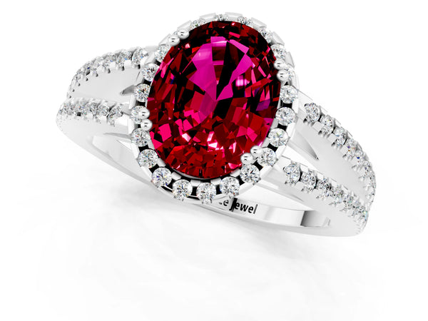 Platinum Oval Cut Garnet Halo Split Shank Engagement Ring