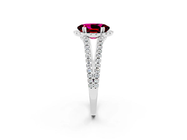 Silver Oval Cut Garnet Halo Split Shank Engagement Ring
