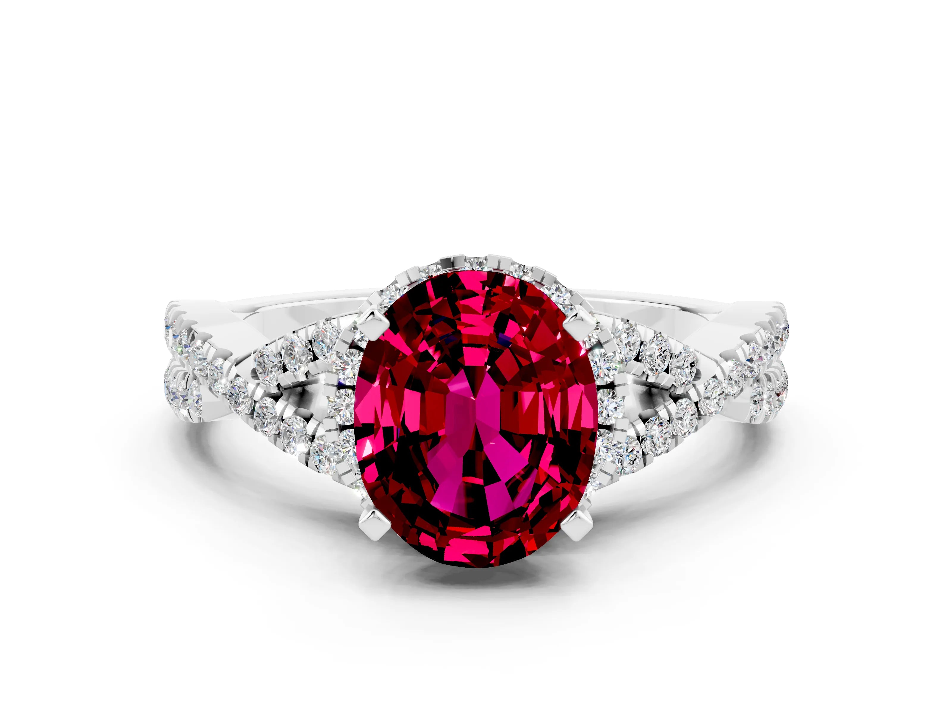 White gold Oval Cut Garnet Halo Twist Band Solitaire Prong Setting Ring