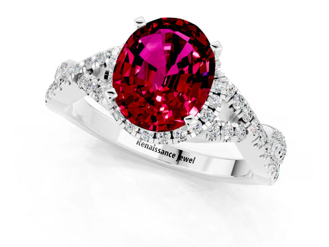 White gold Oval Cut Garnet Halo Twist Band Solitaire Prong Setting Ring_1