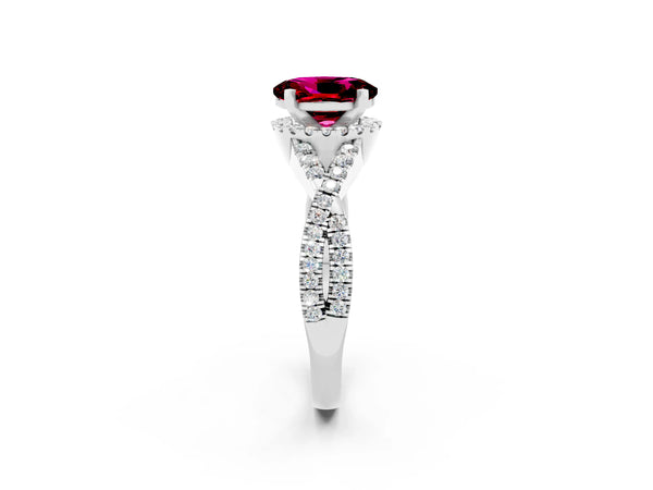 Platinum Oval Cut Garnet  Halo Twist Band Solitaire Prong Setting Ring