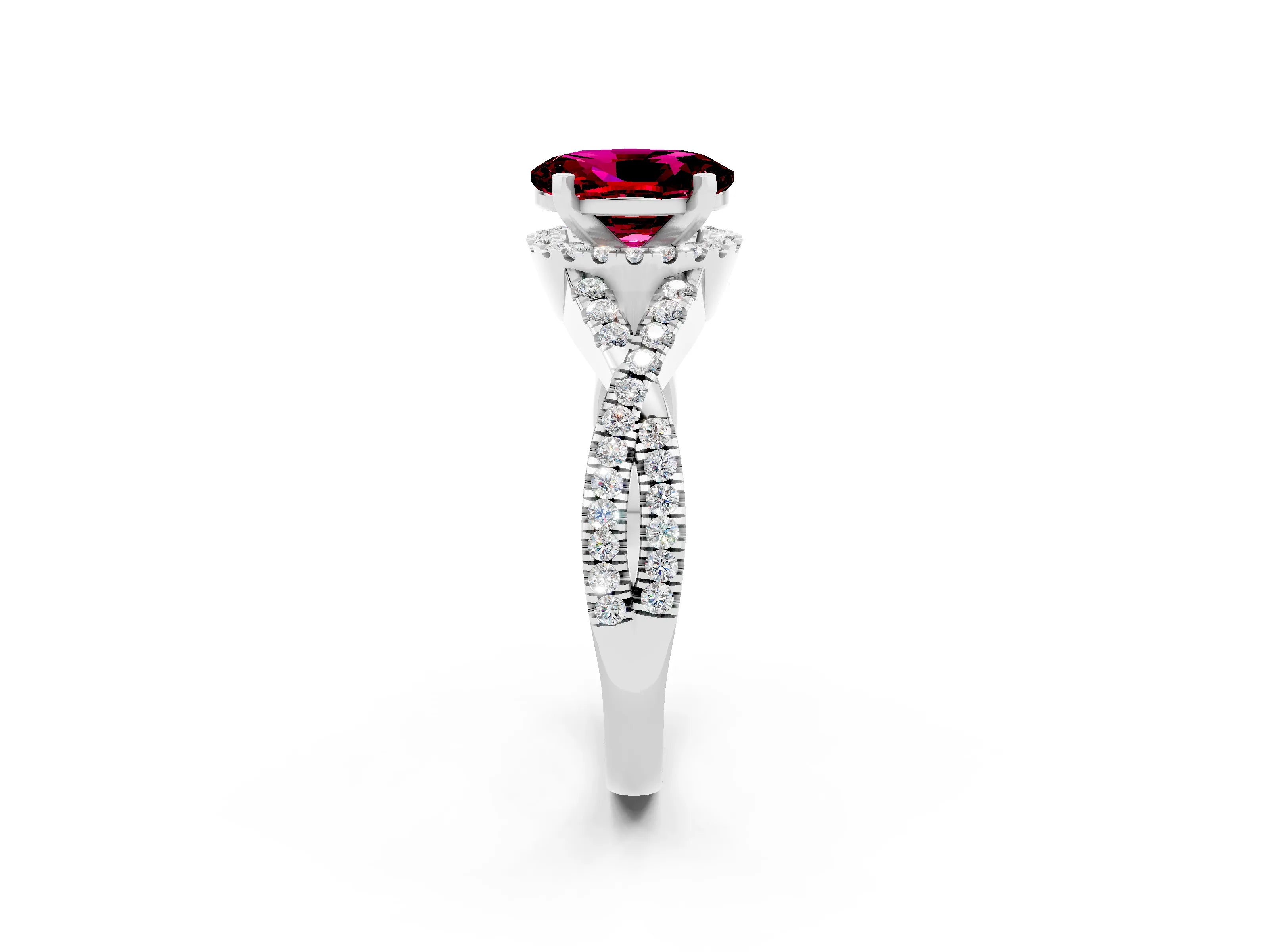 White gold Oval Cut Garnet Halo Twist Band Solitaire Prong Setting Ring_2
