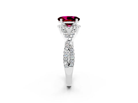 White gold Oval Cut Garnet Halo Twist Band Solitaire Prong Setting Ring_2