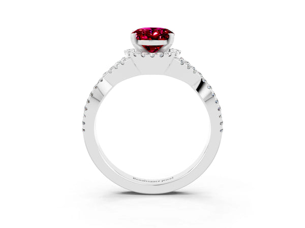 White gold Oval Cut Garnet  Halo Twist Band Solitaire Prong Setting Ring