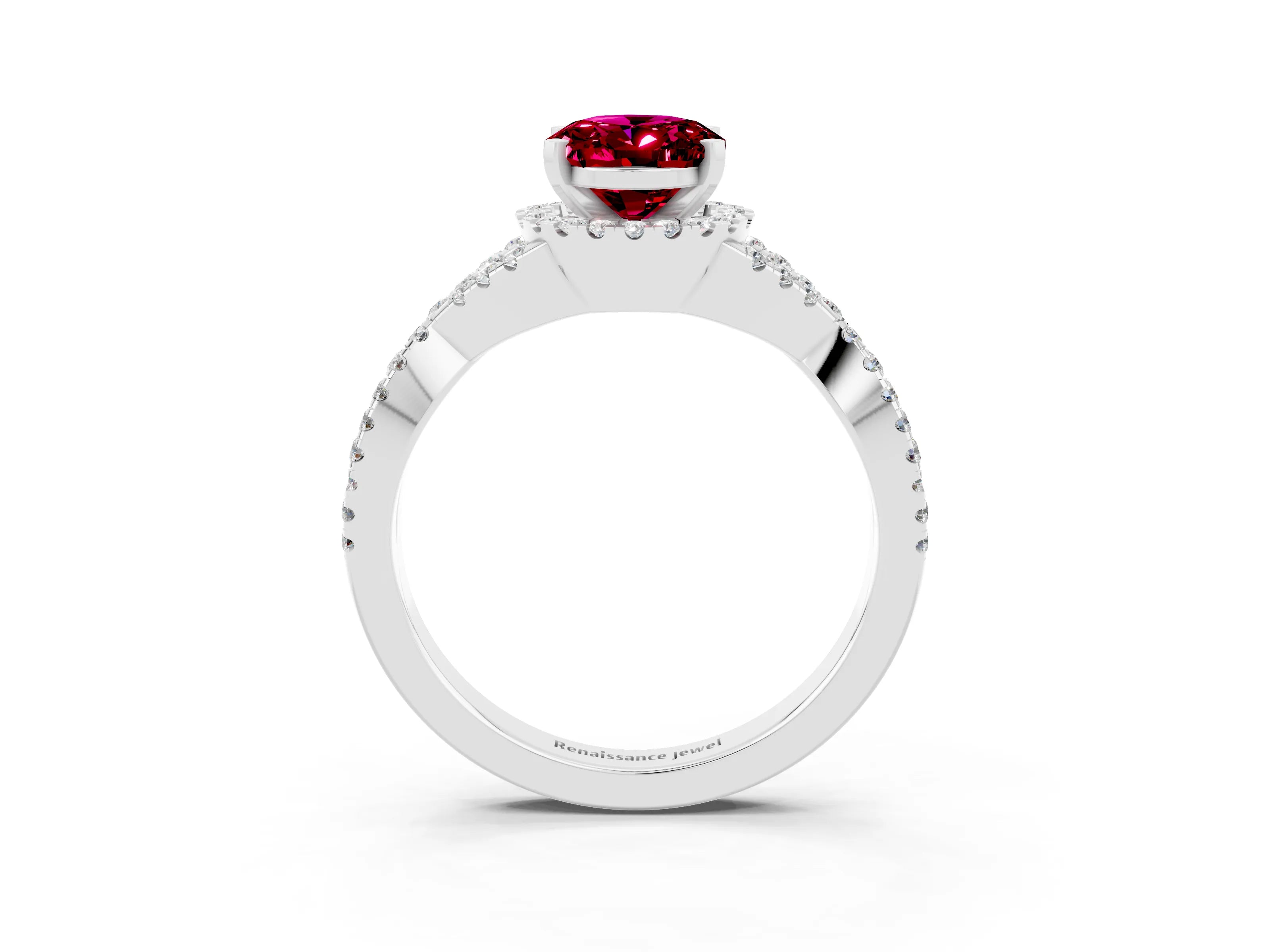 White gold Oval Cut Garnet Halo Twist Band Solitaire Prong Setting Ring_3