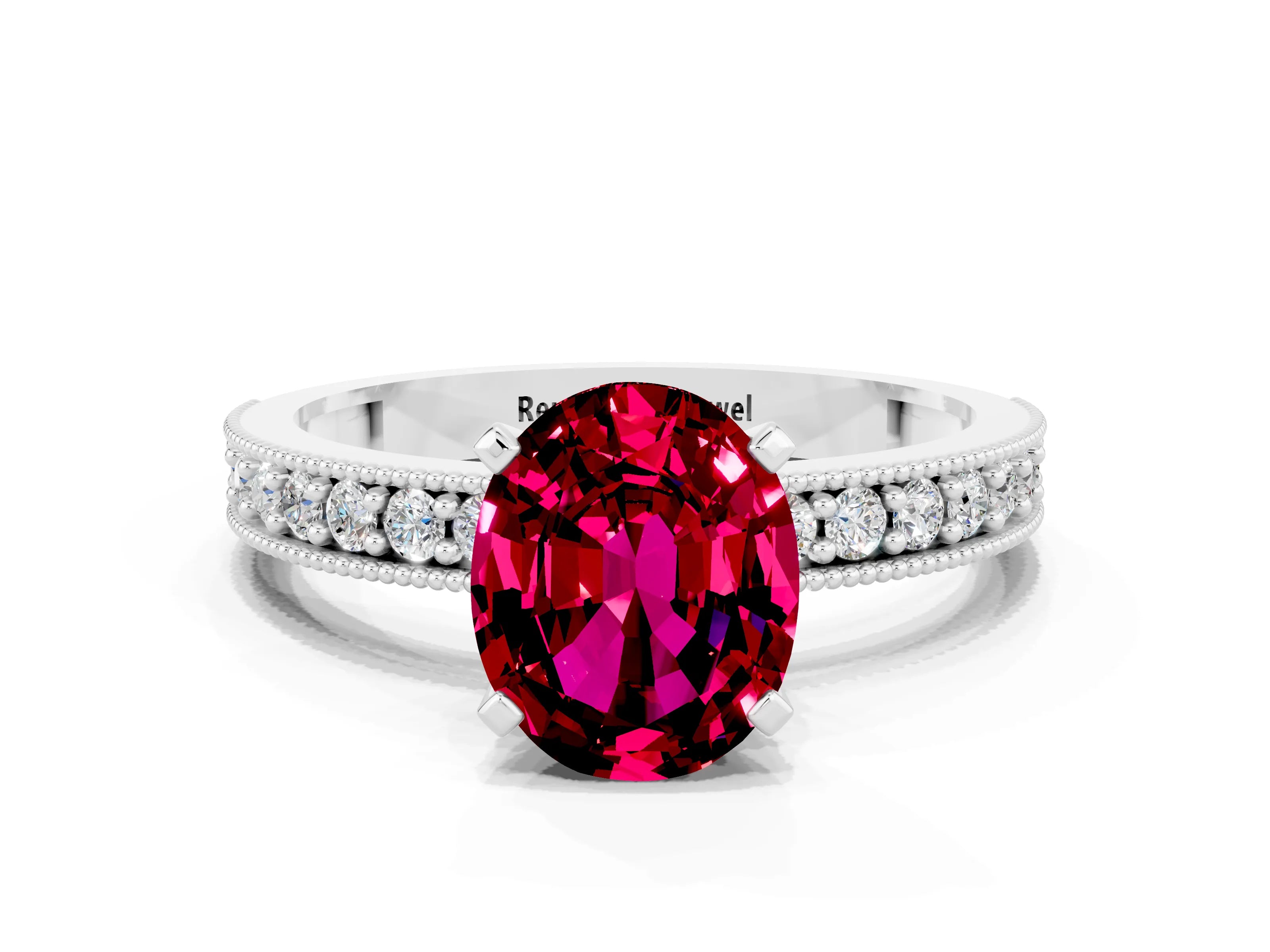White gold Oval Cut Garnet Milgrain Pavé Engagement Ring with Four-Prong Setting_12