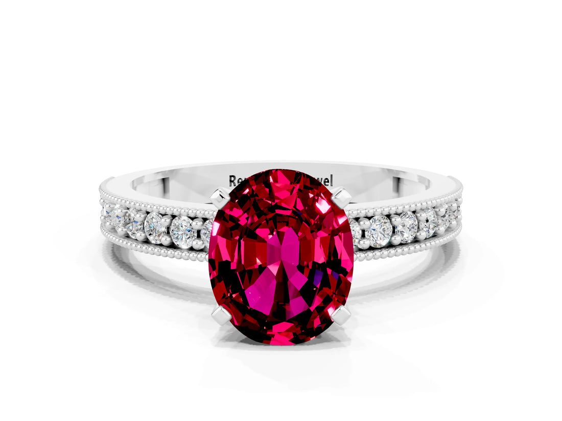 White gold Oval Cut Garnet Milgrain Pavé Engagement Ring with Four-Prong Setting_12
