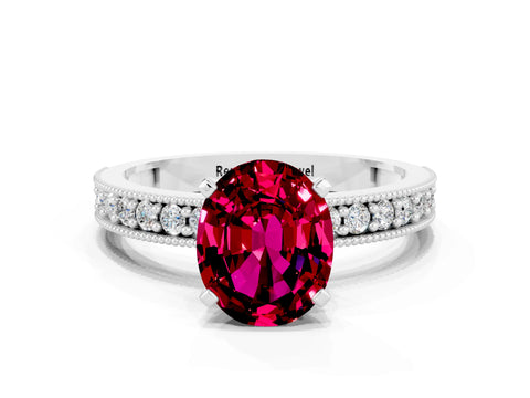 White gold Oval Cut Garnet Milgrain Pavé Engagement Ring with Four-Prong Setting_12
