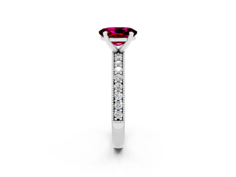 White gold Oval Cut Garnet Milgrain Pavé Engagement Ring with Four-Prong Setting_14