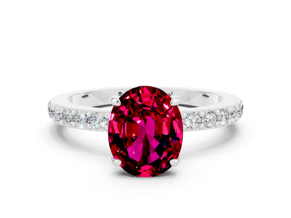 White gold Oval Cut Garnet Pavé Engagement Ring with Round  Accents and Prong Setting