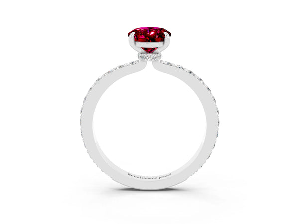 Platinum Oval Cut Garnet Pavé Engagement Ring with Round  Accents and Prong Setting