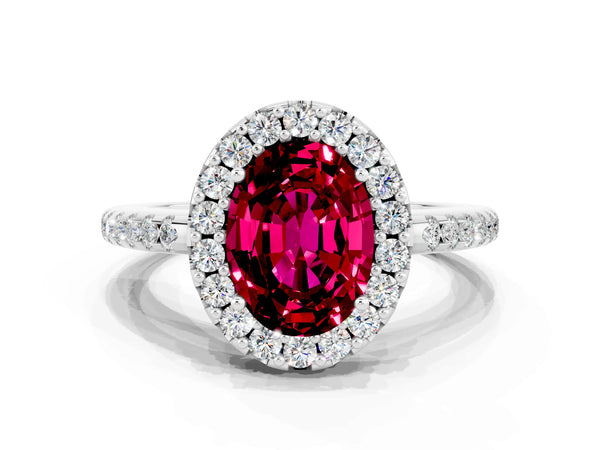 Platinum Oval Cut Garnet Pavé Halo Ring with Four-Prong Setting