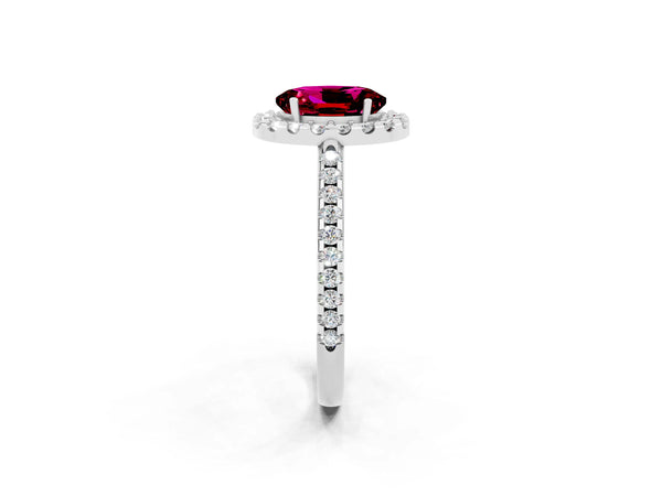 White gold Oval Cut Garnet Pavé Halo Ring with Four-Prong Setting