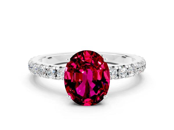 White gold Oval Cut Garnet Pavé Solitaire Engagement Ring with Four-Prong Setting