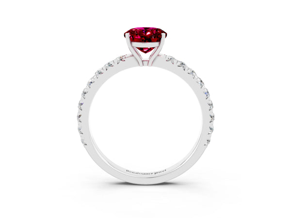White gold Oval Cut Garnet Pavé Solitaire Engagement Ring with Four-Prong Setting