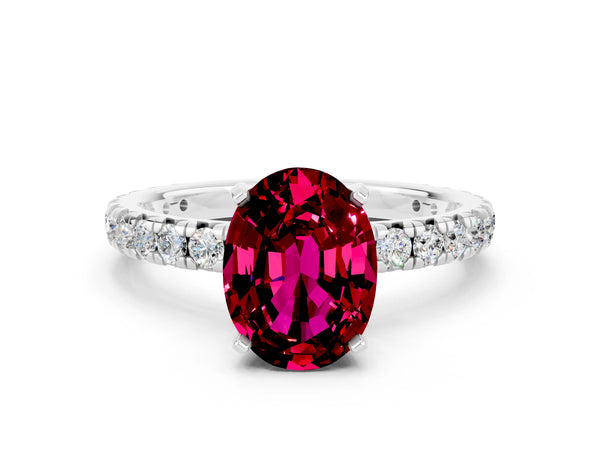 White gold Oval Cut Garnet Pavé Solitaire Ring with Round Band and Prong Setting