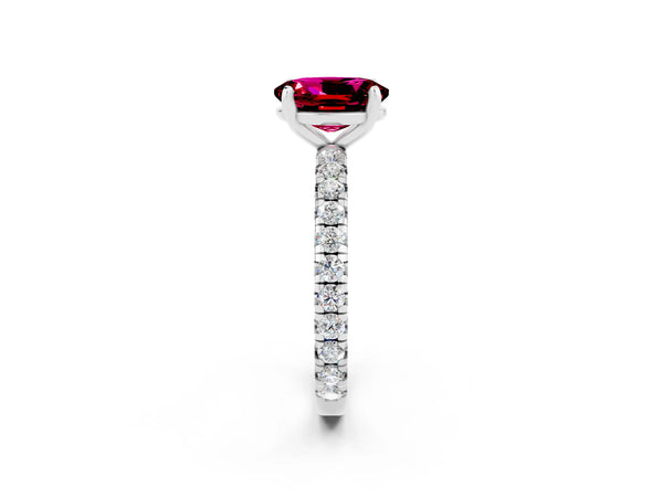 Platinum Oval Cut Garnet Pavé Solitaire Ring with Round Band and Prong Setting