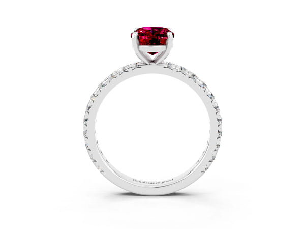 Platinum Oval Cut Garnet Pavé Solitaire Ring with Round Band and Prong Setting