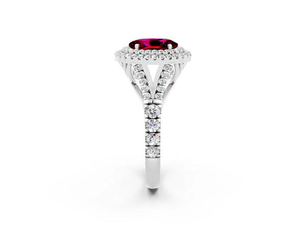 Platinum Oval Cut Garnet Pavé Split Shank Double Halo Engagement Ring