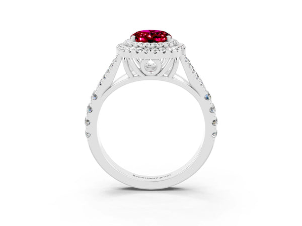 Platinum Oval Cut Garnet Pavé Split Shank Double Halo Engagement Ring