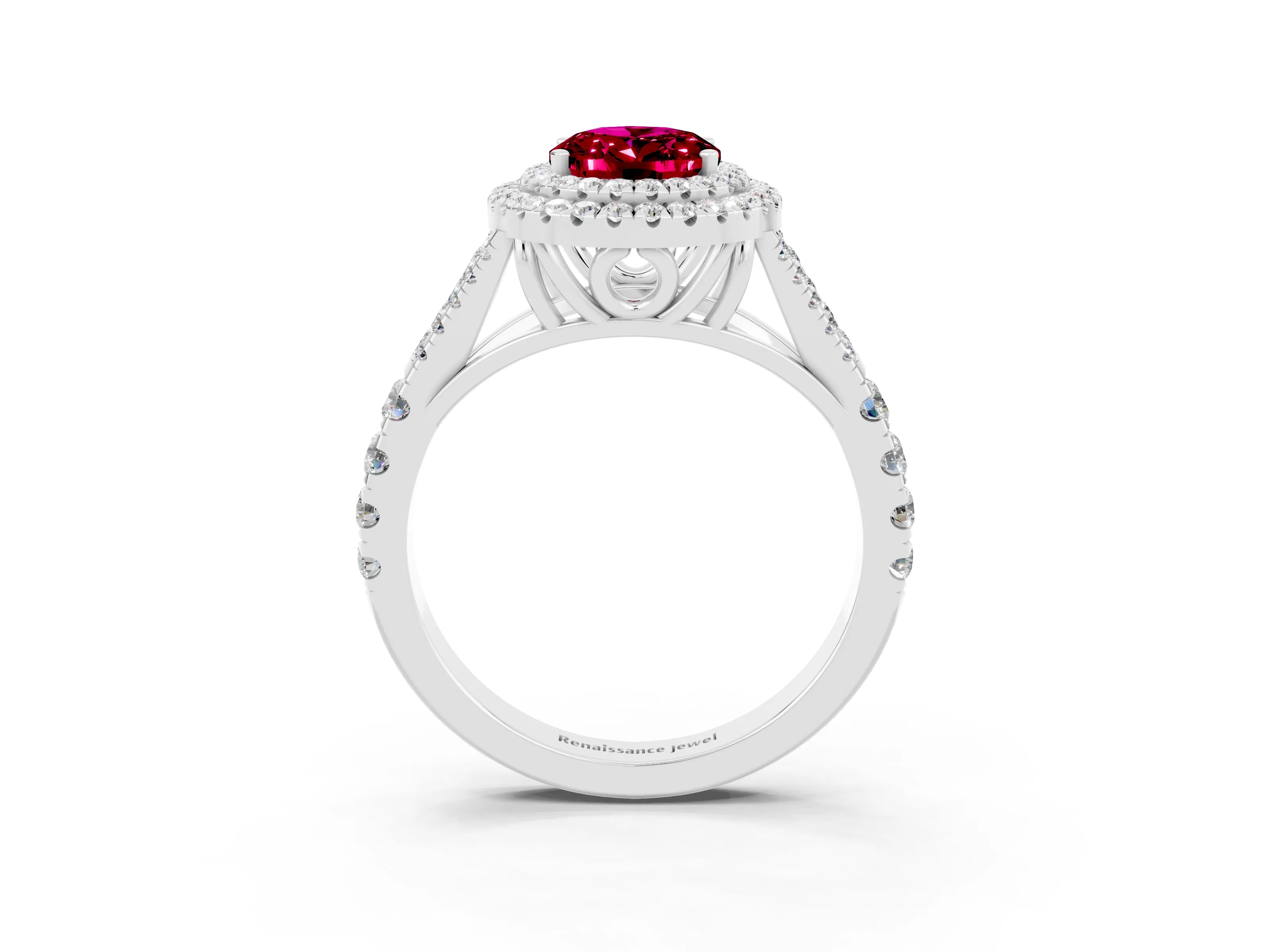 White gold Oval Cut Garnet Pavé Split Shank Double Halo Engagement Ring_3
