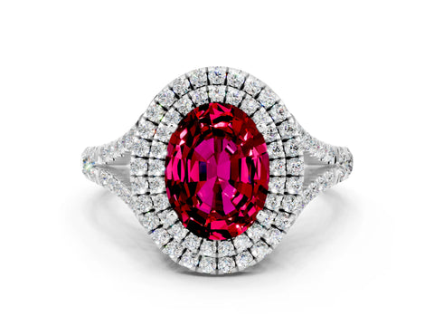 White gold Oval Cut Garnet Pavé Split Shank Double Halo Engagement Ring