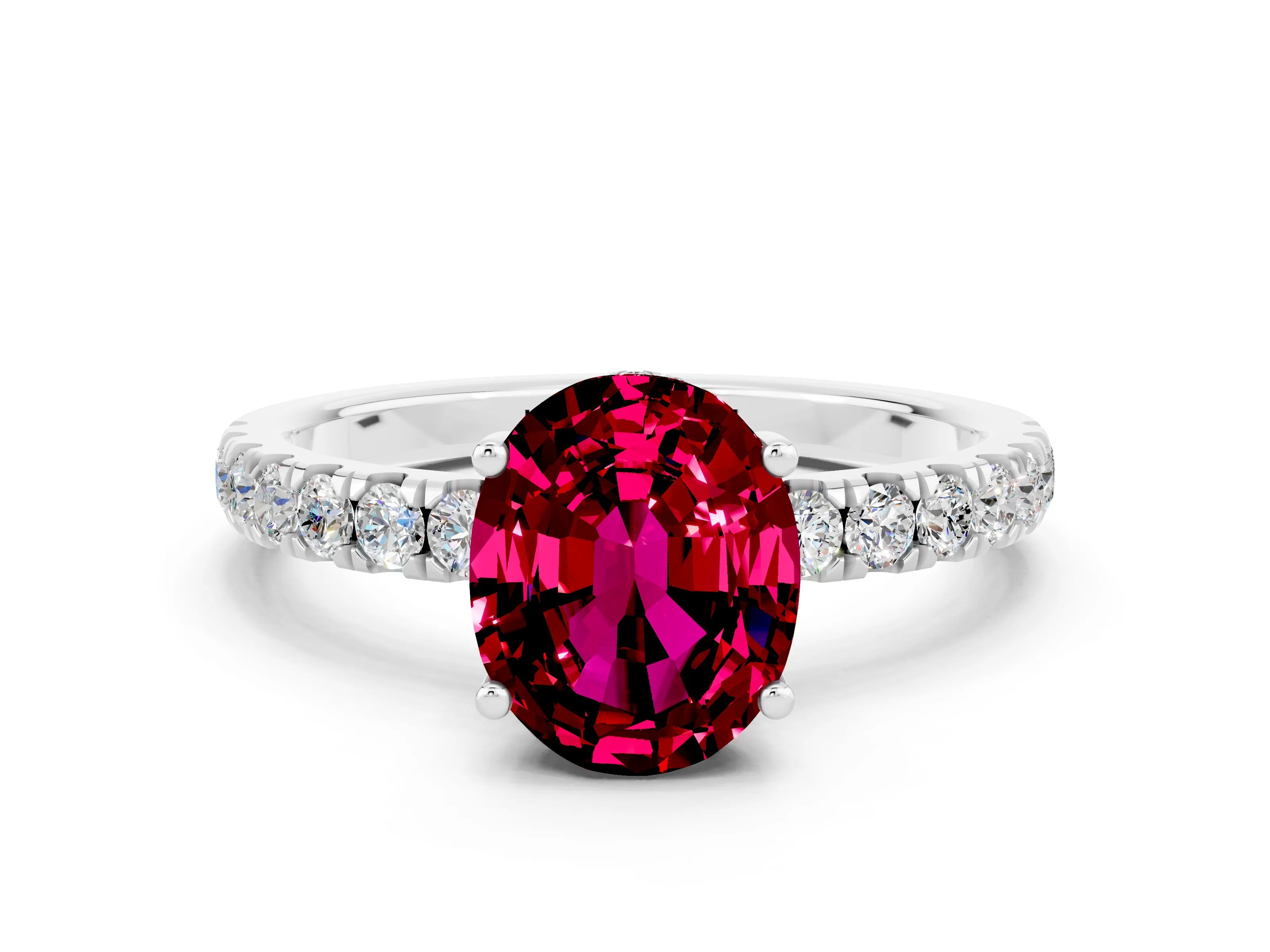 White gold Oval Cut Garnet Pave Band Solitaire Ring with Four-Prong Setting_24