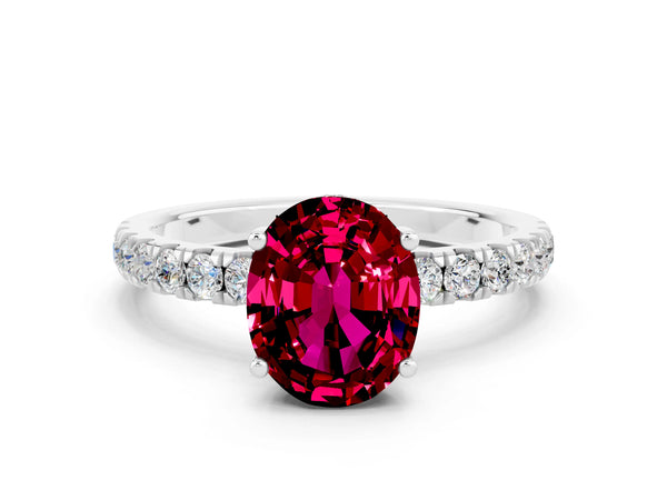 Silver Oval Cut Garnet Pave Band Solitaire Ring with Round  and Prong Setting