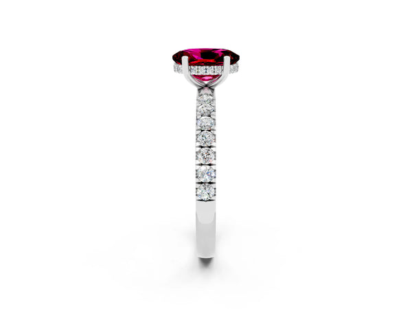 Platinum Oval Cut Garnet Pave Band Solitaire Ring with Round  and Prong Setting