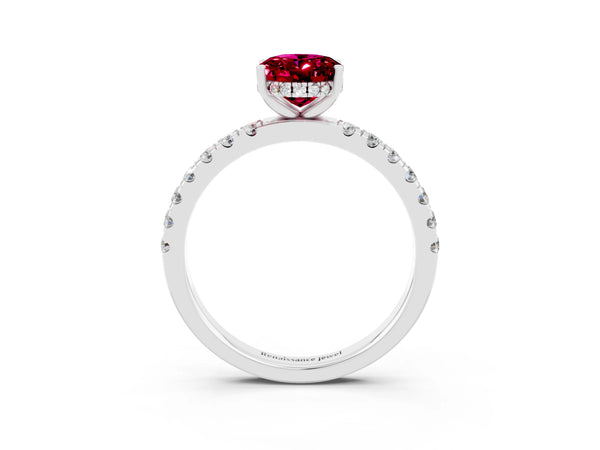Silver Oval Cut Garnet Pave Band Solitaire Ring with Round  and Prong Setting