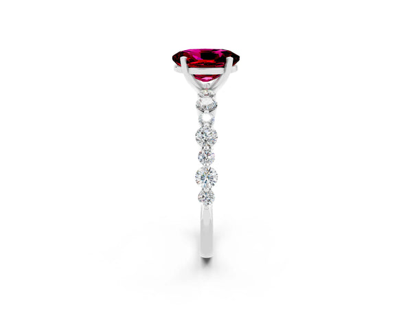 White gold Oval Cut Garnet Prong Set Engagement Ring with Pavé Band