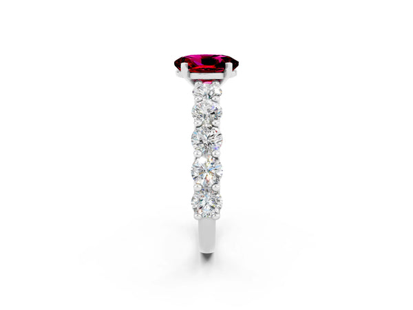 White gold Oval Cut Garnet Prong Setting with Side Stones on a Pave Band