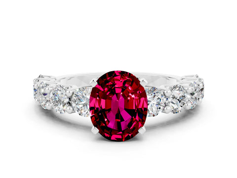 White gold Oval Cut Garnet Prong Setting with Side Stones on a Pave Band