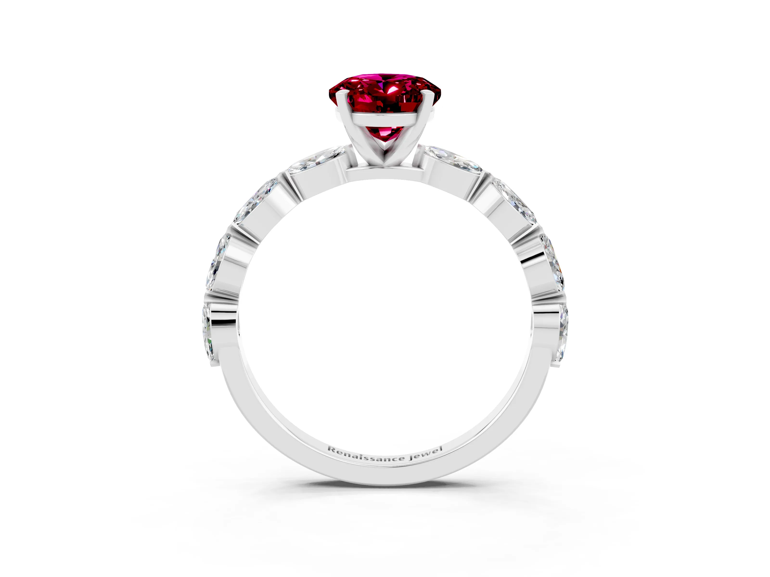 White gold Oval Cut Garnet Ring with Marquise Side Stones and Prong Setting_3