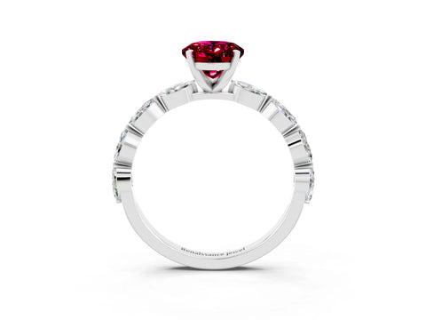 White gold Oval Cut Garnet Ring with Marquise Side Stones and Prong Setting_3