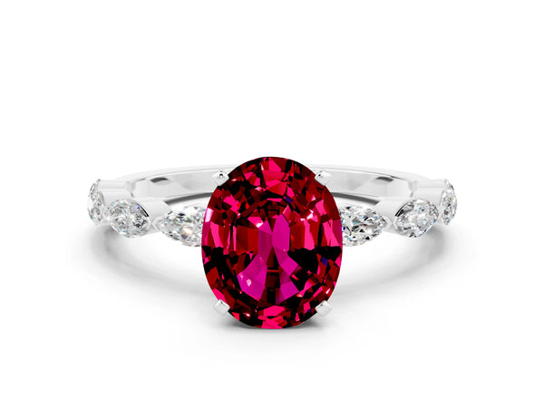 White gold Oval Cut Garnet Ring with Marquise Side Stones and Prong Setting