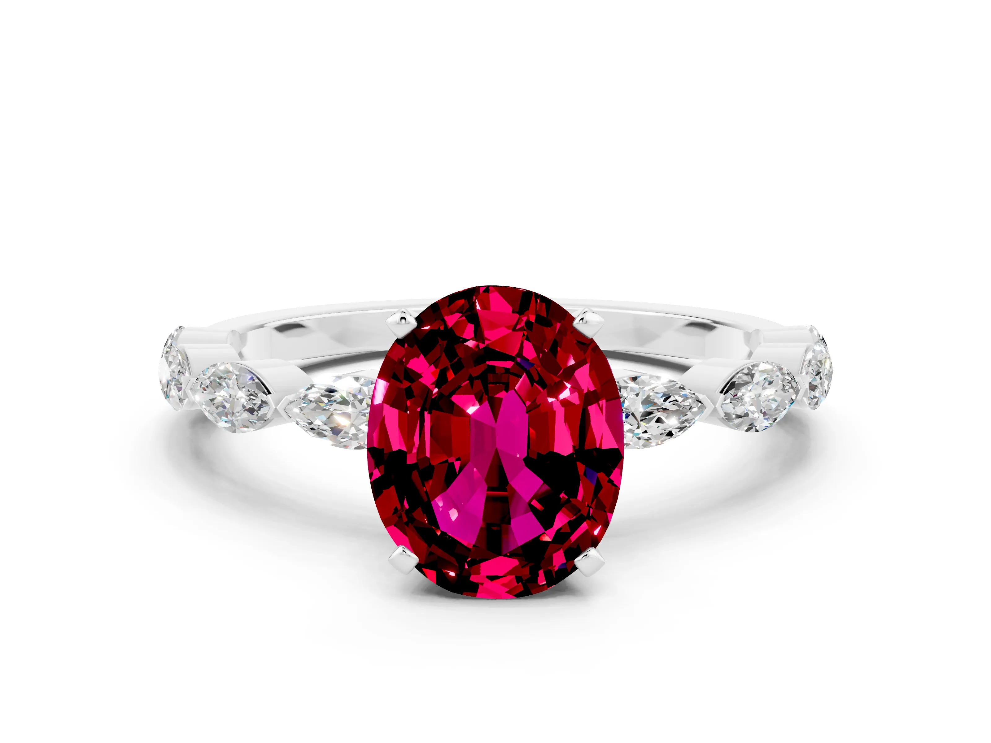 White gold Oval Cut Garnet Ring with Marquise Side Stones and Prong Setting