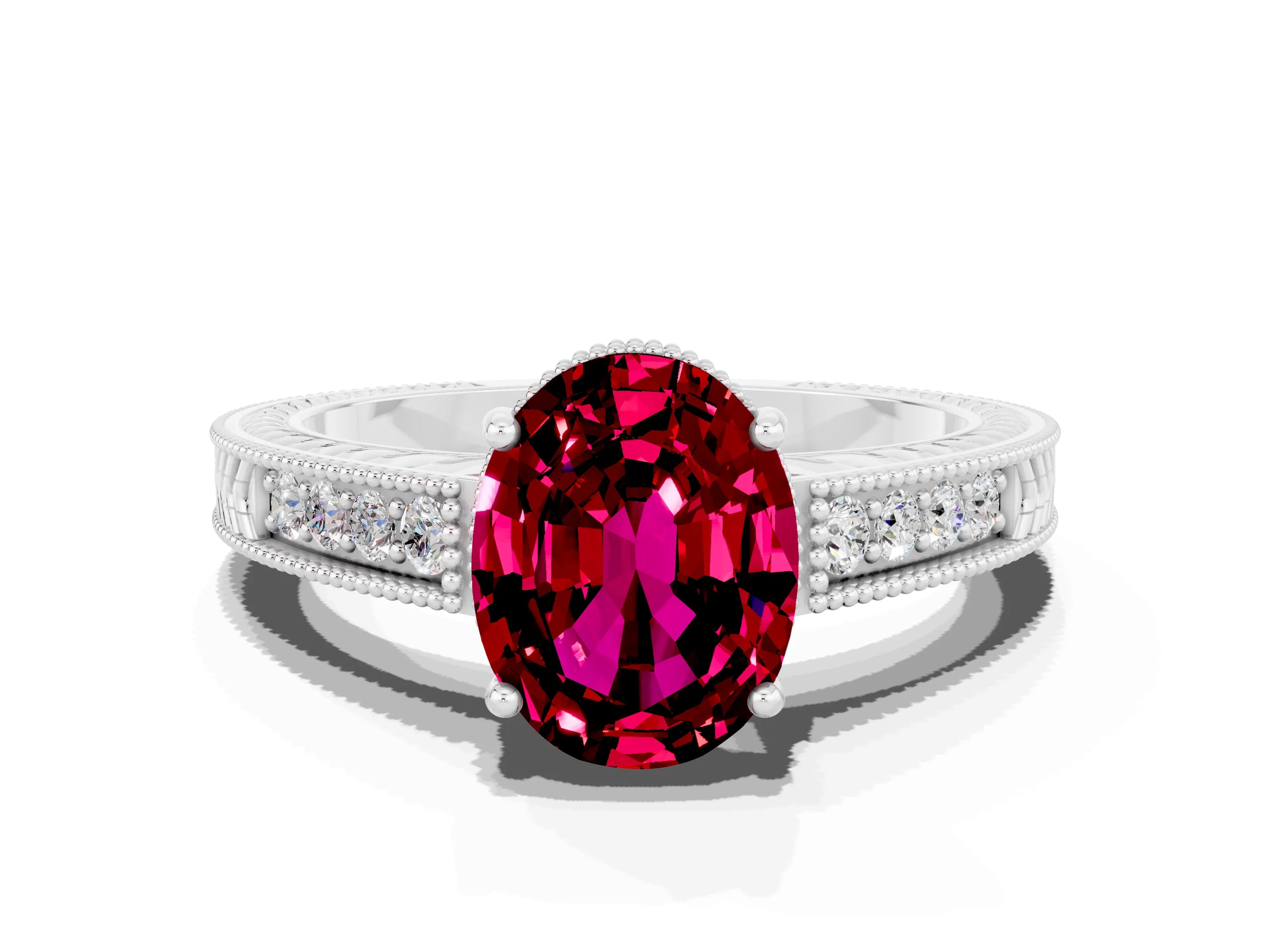 White gold Oval Cut Garnet Ring with Milgrain Pavé Band and Four-Prong Setting_12