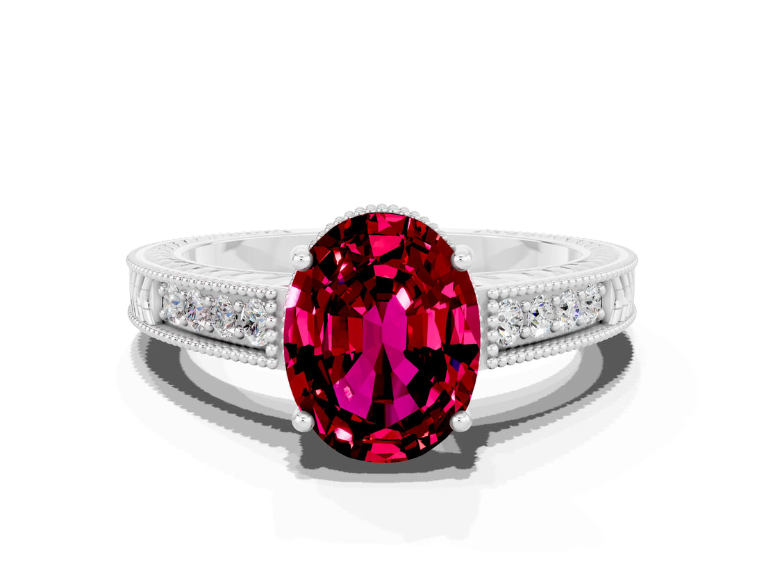 White gold Oval Cut Garnet Ring with Milgrain Pavé Band and Four-Prong Setting_12