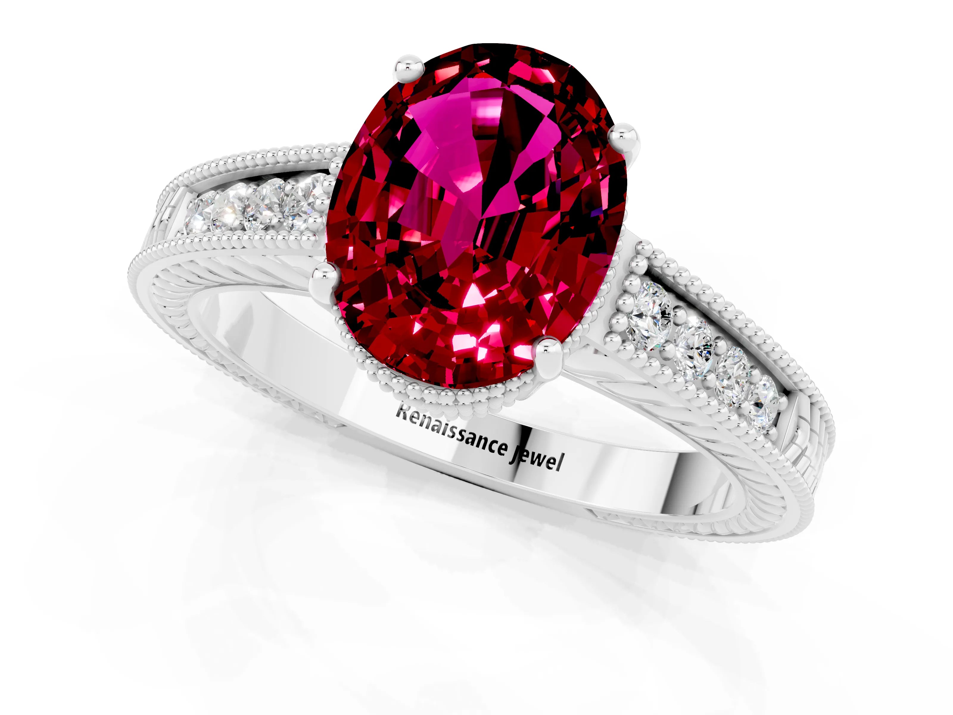 White gold Oval Cut Garnet Ring with Milgrain Pavé Band and Four-Prong Setting_13