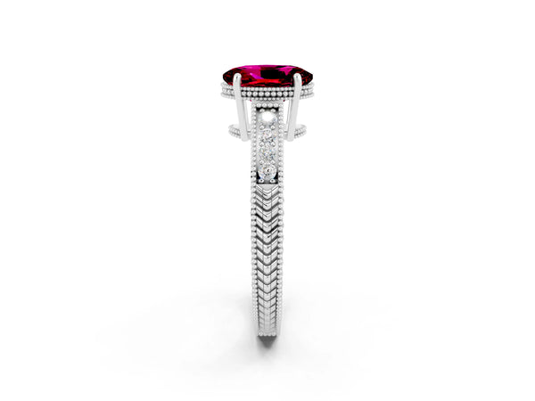 Platinum Oval Cut Garnet Ring with Milgrain Pavé Band and Four-Prong Setting
