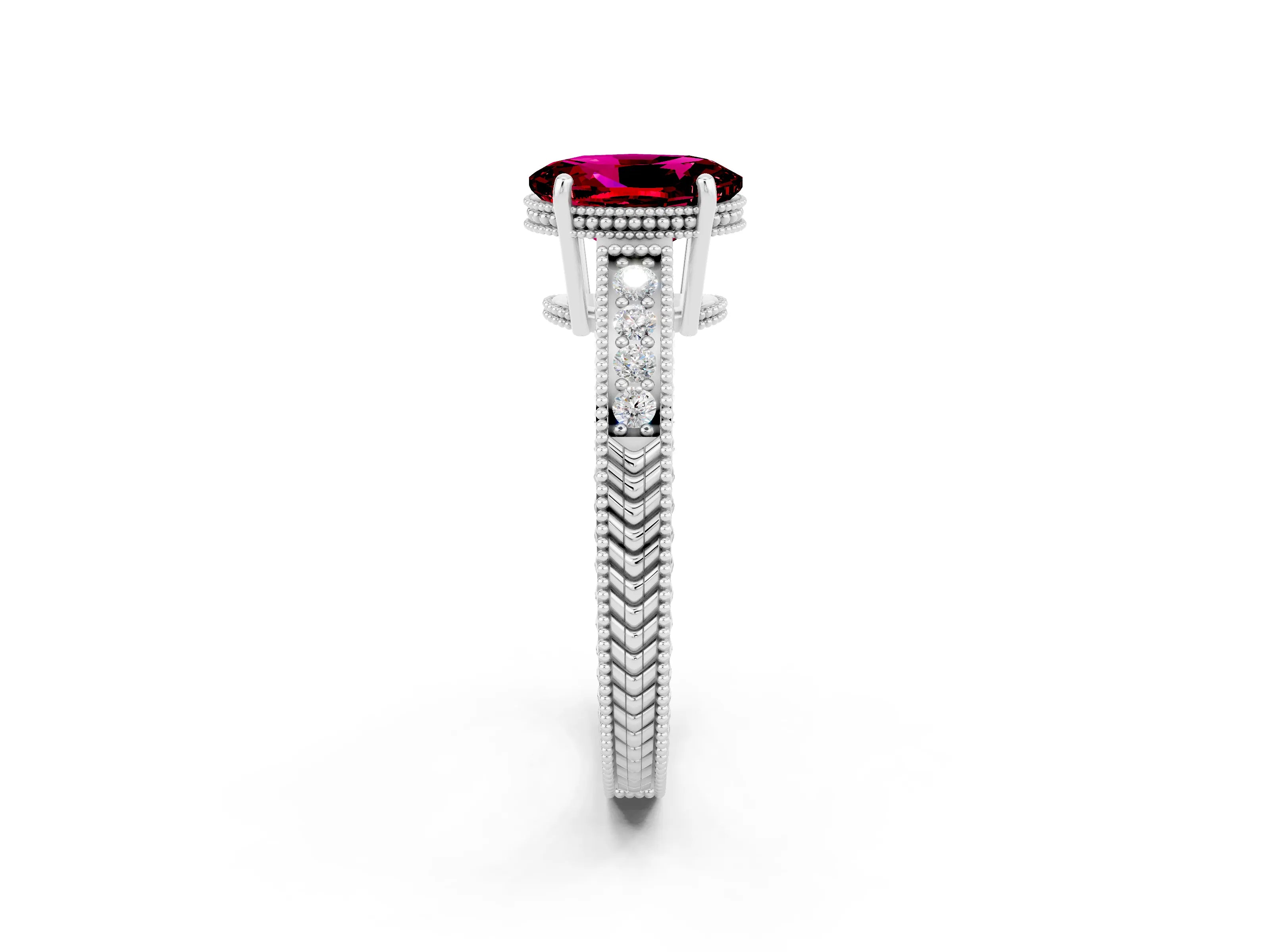White gold Oval Cut Garnet Ring with Milgrain Pavé Band and Four-Prong Setting_14