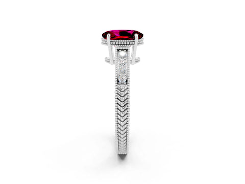 White gold Oval Cut Garnet Ring with Milgrain Pavé Band and Four-Prong Setting_14