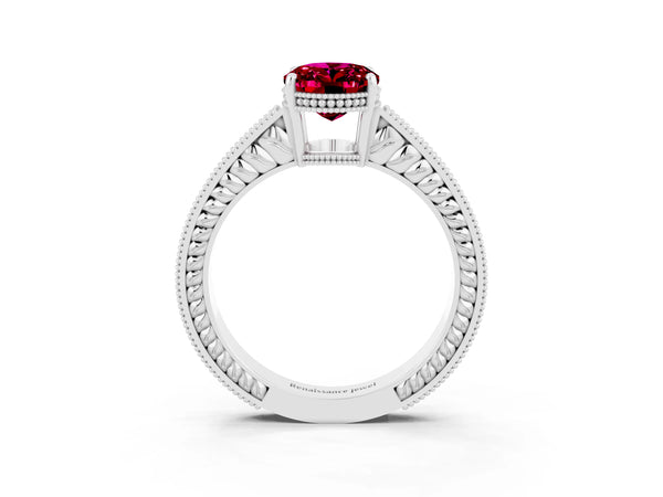 White gold Oval Cut Garnet Ring with Milgrain Pavé Band and Four-Prong Setting