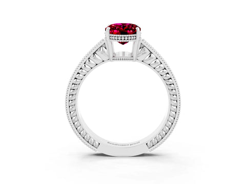 White gold Oval Cut Garnet Ring with Milgrain Pavé Band and Four-Prong Setting_15