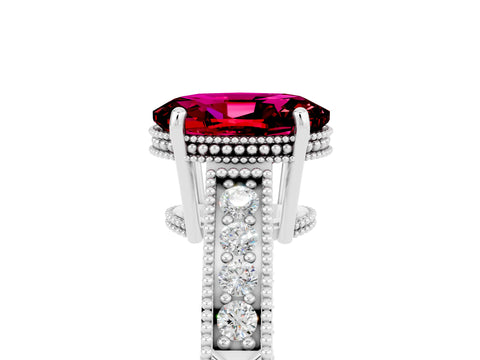 White gold Oval Cut Garnet Ring with Milgrain Pavé Band and Four-Prong Setting_17