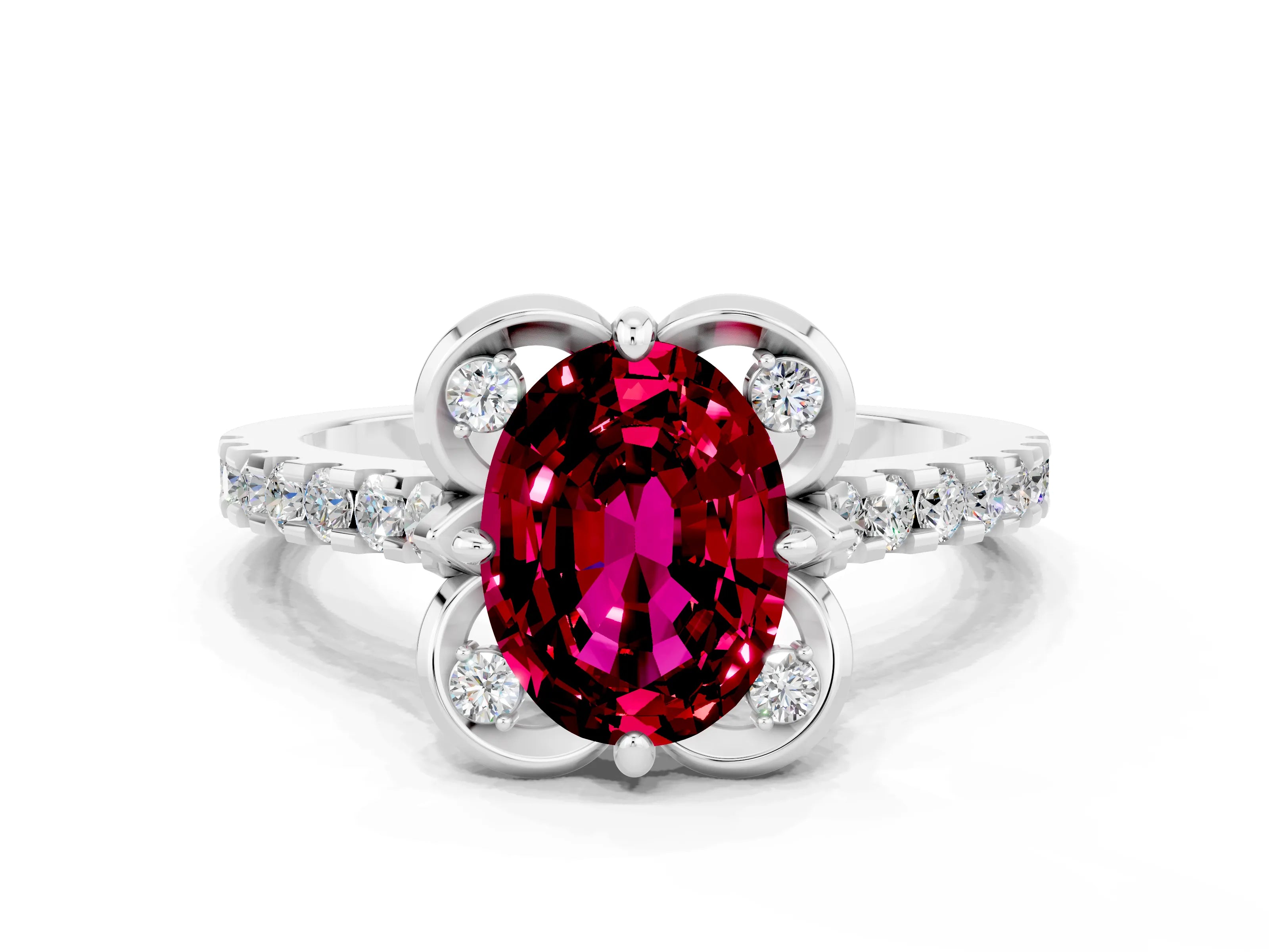 White gold Oval Cut Garnet Ring with Pavé Band and Floral Prong Setting