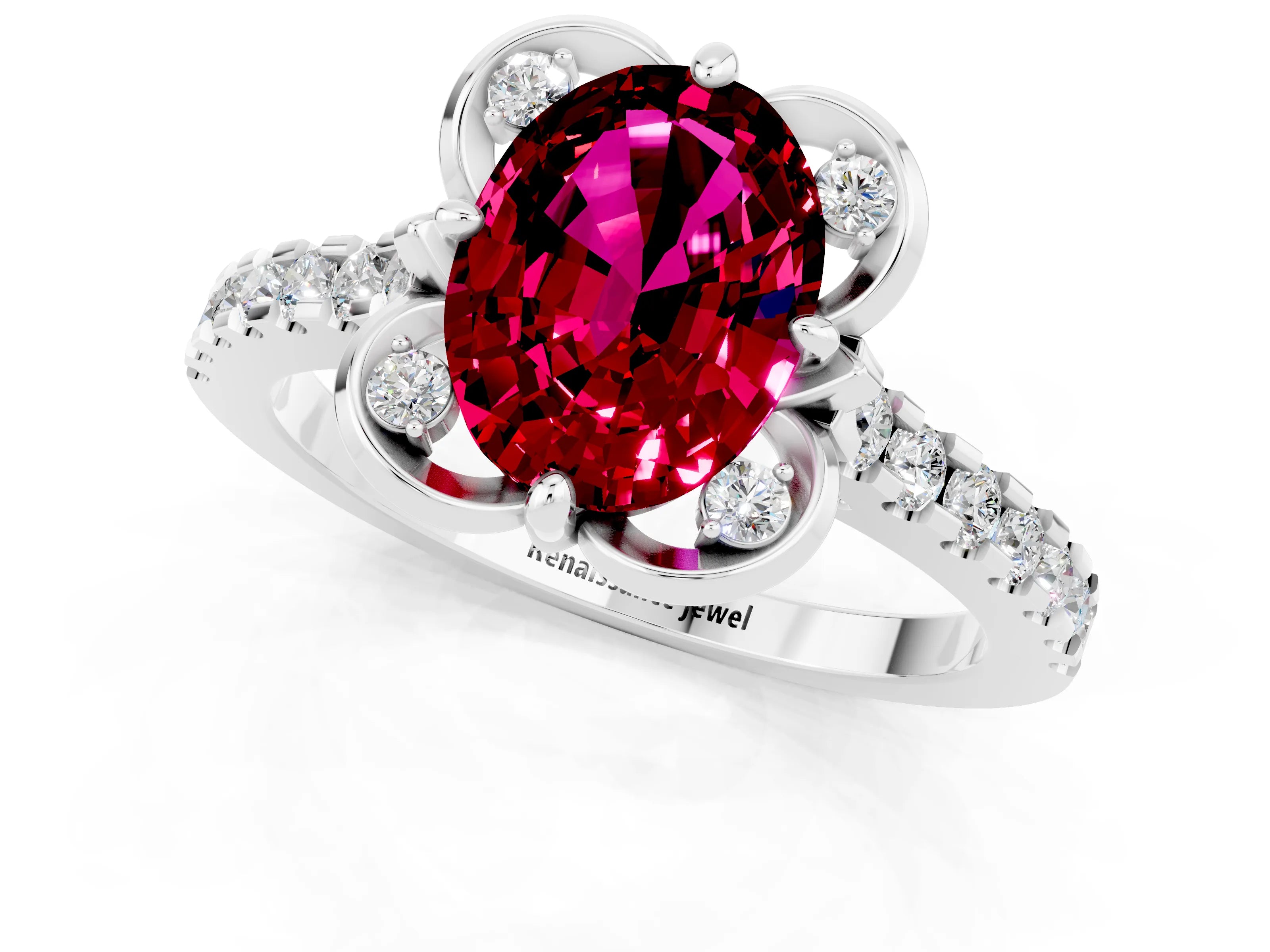 White gold Oval Cut Garnet Ring with Pavé Band and Floral Prong Setting_1