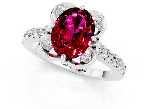 White gold Oval Cut Garnet Ring with Pavé Band and Floral Prong Setting_1