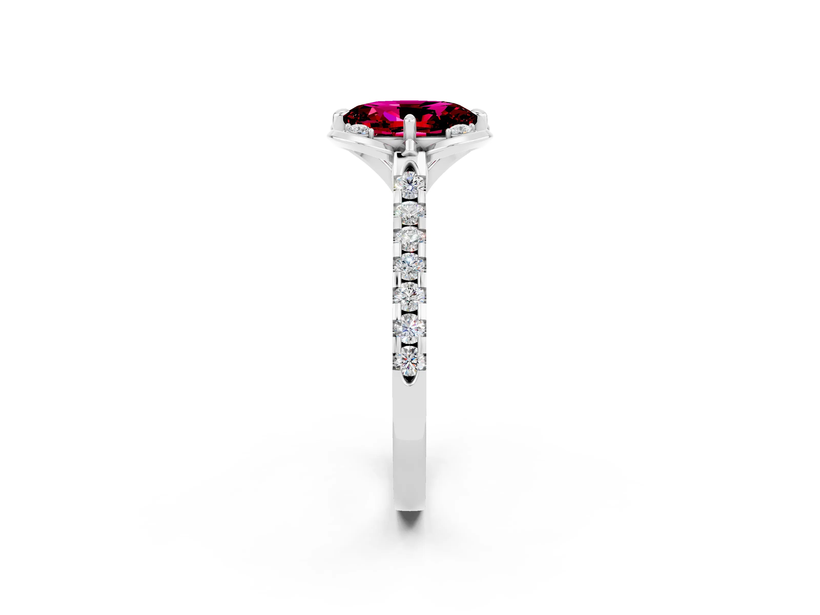 White gold Oval Cut Garnet Ring with Pavé Band and Floral Prong Setting_2